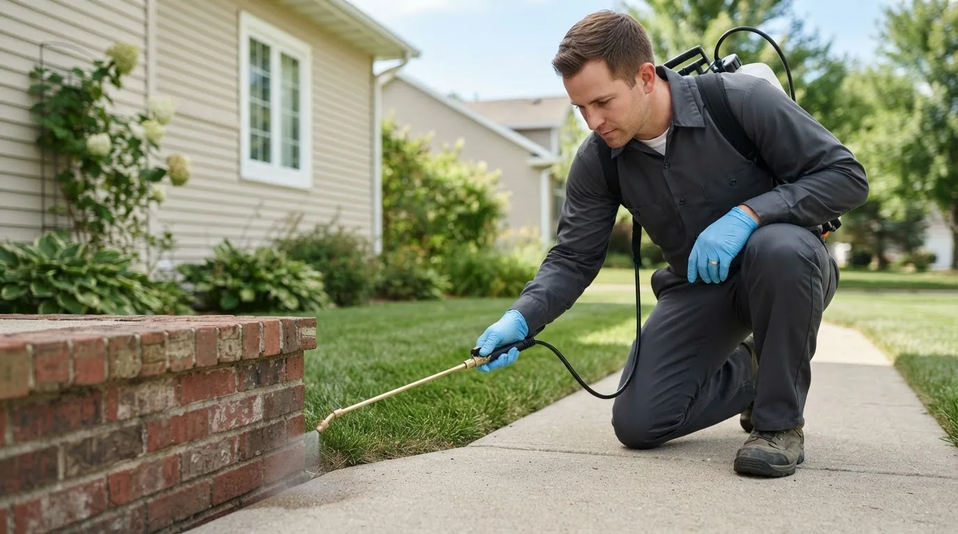 Pest control technician treating a home near East Taunton, MA